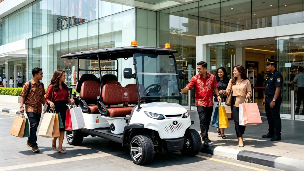 Golf cart listrik SUN-CART untuk transportasi tamu di resort Indonesia