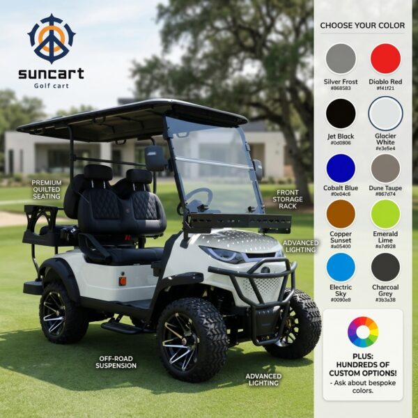 customizable_colors (2) Suncart® MXV CRUISER 4 Trail – Kereta Golf Listrik 4 Penumpang dengan Suspensi Tinggi dan Bodi Terangkat | Kereta Penumpang | Kereta Resor | Kereta Keluarga | (2+2) | Ban Off-Road